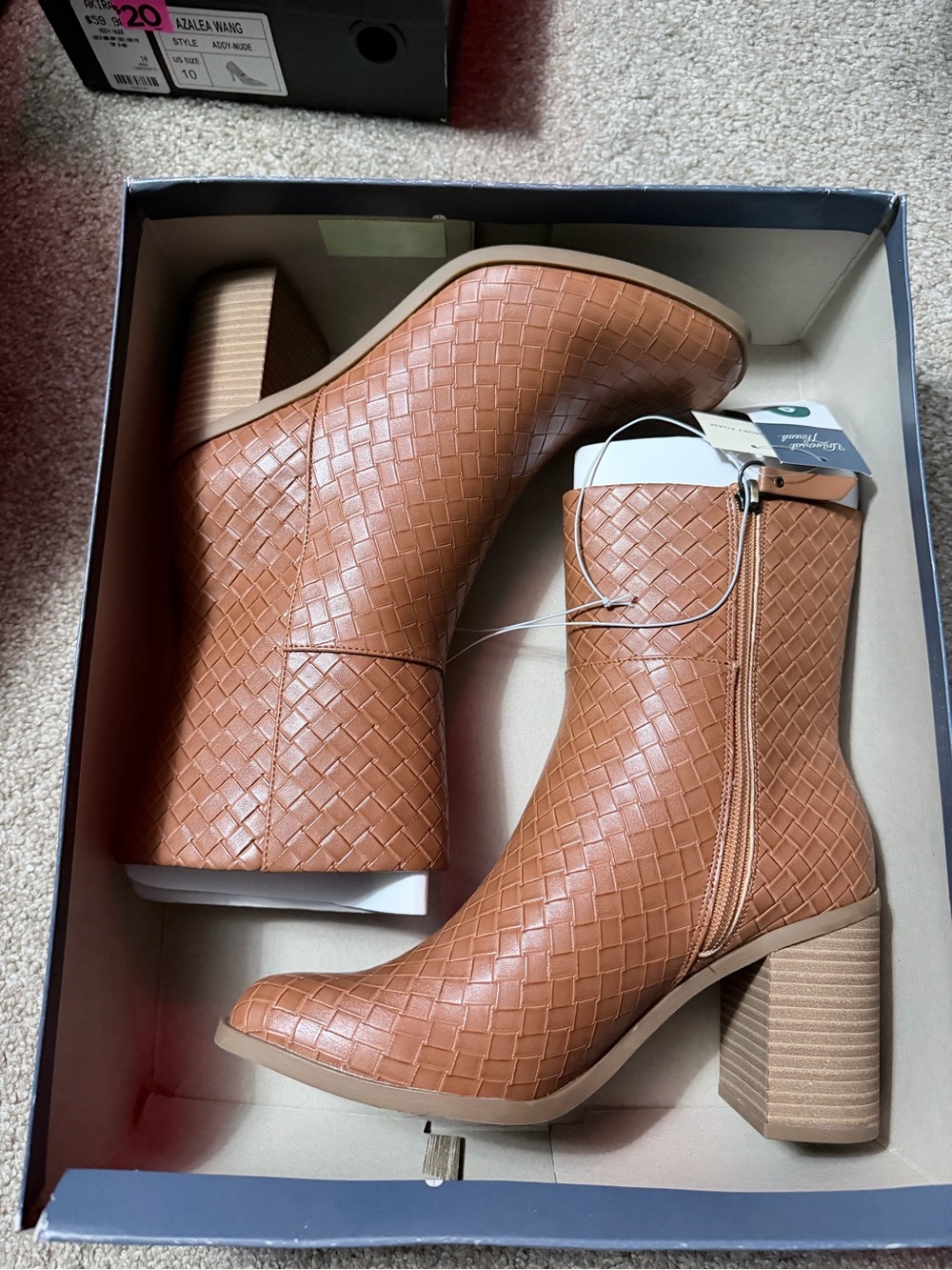 Woven Leather Block Heel Ankle Boots - Tan